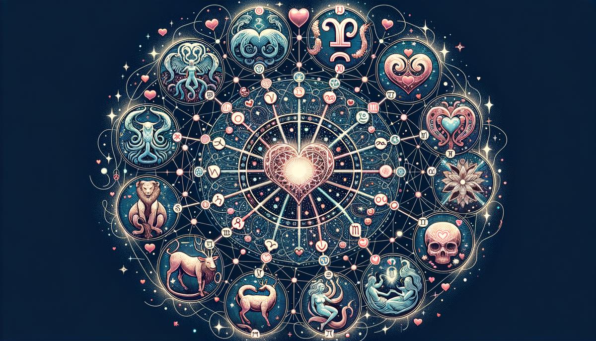 Twelve zodiac symbols arranged in a circle with heart-shaped connections between them