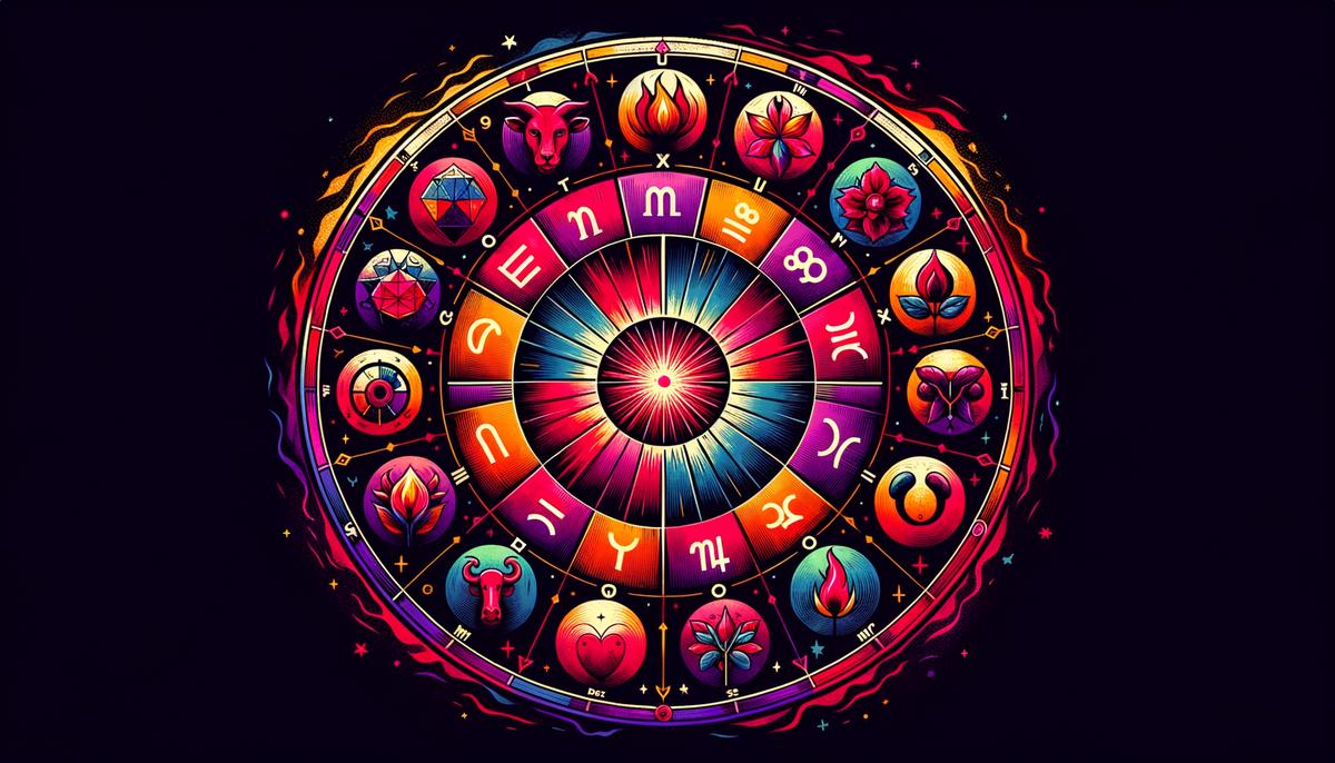 A colorful circular zodiac wheel with each sign's love approach illustrated around it