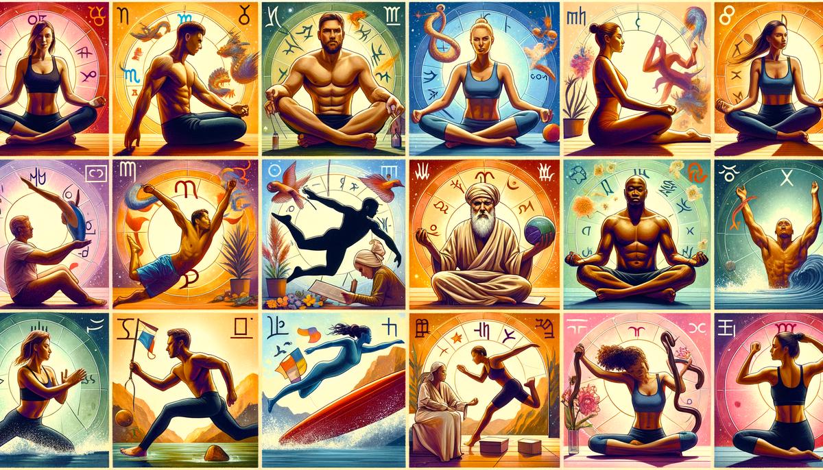 A collage-style image showing 12 different wellness activities, each associated with a zodiac sign