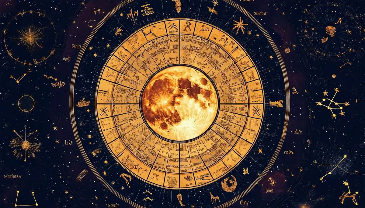 An artistic representation of the zodiac wheel with the Harvest Moon Supermoon at its center, surrounded by zodiac symbols and constellations