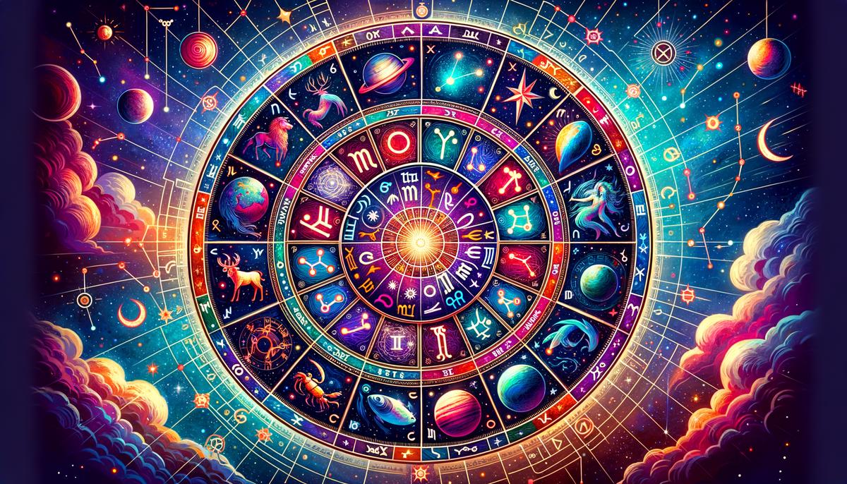 Colorful zodiac wheel with planetary symbols and constellations